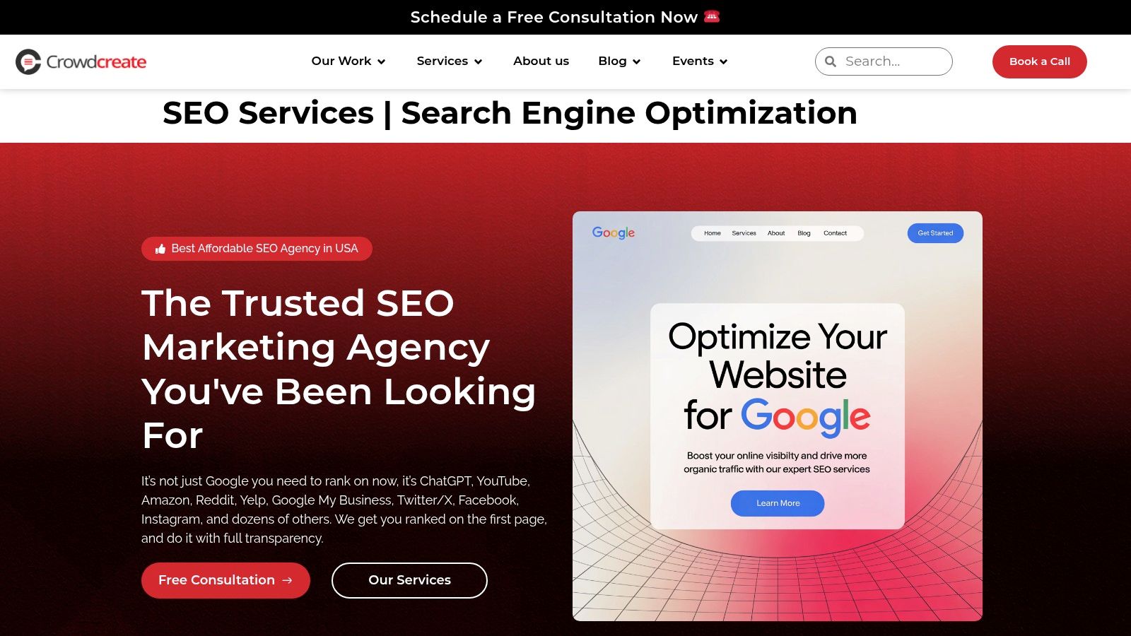 Crowdcreate's SEO marketing agency page highlighting their integrated services
