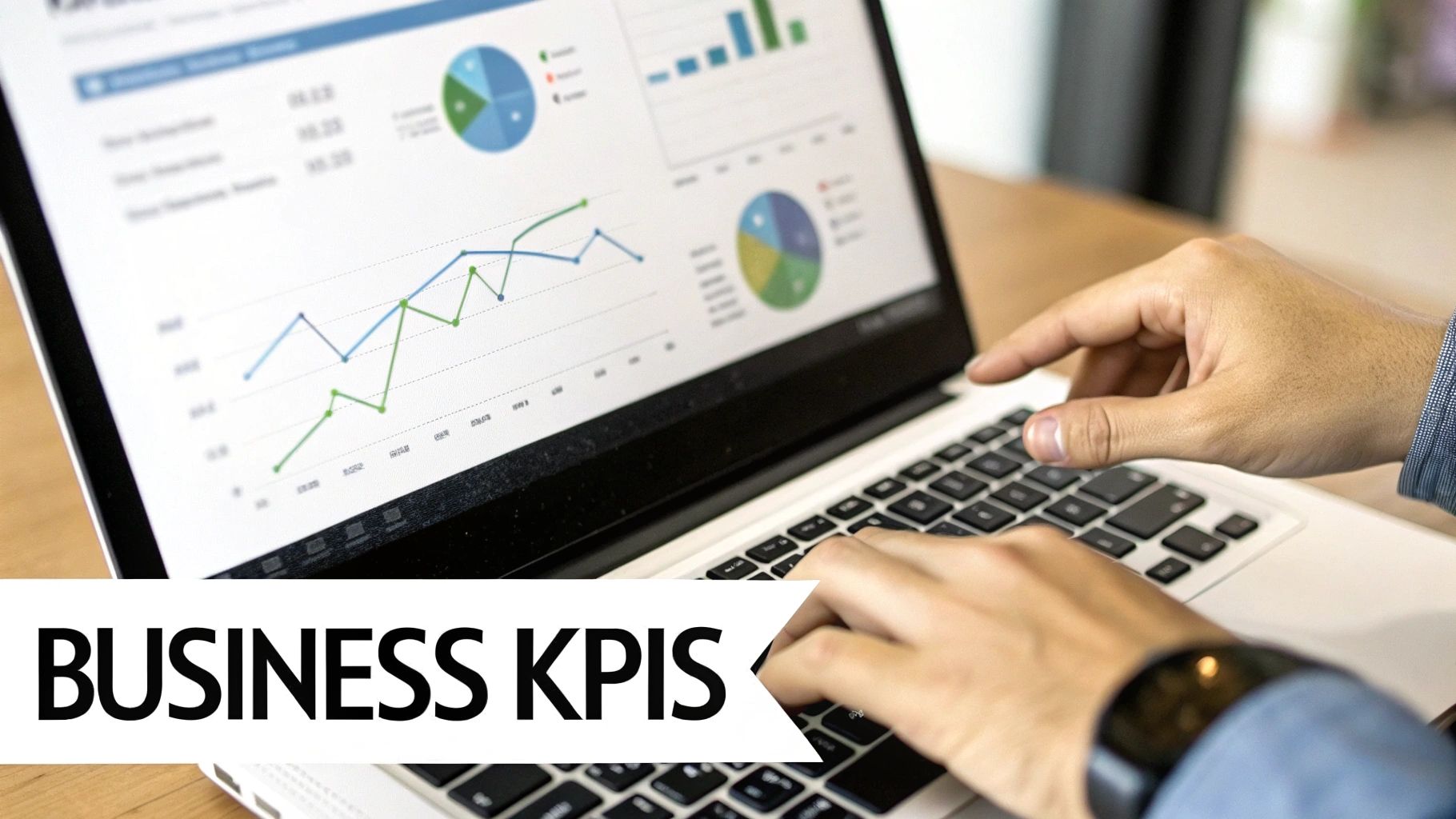 A person's hands using a laptop displaying various business KPI charts and graphs.