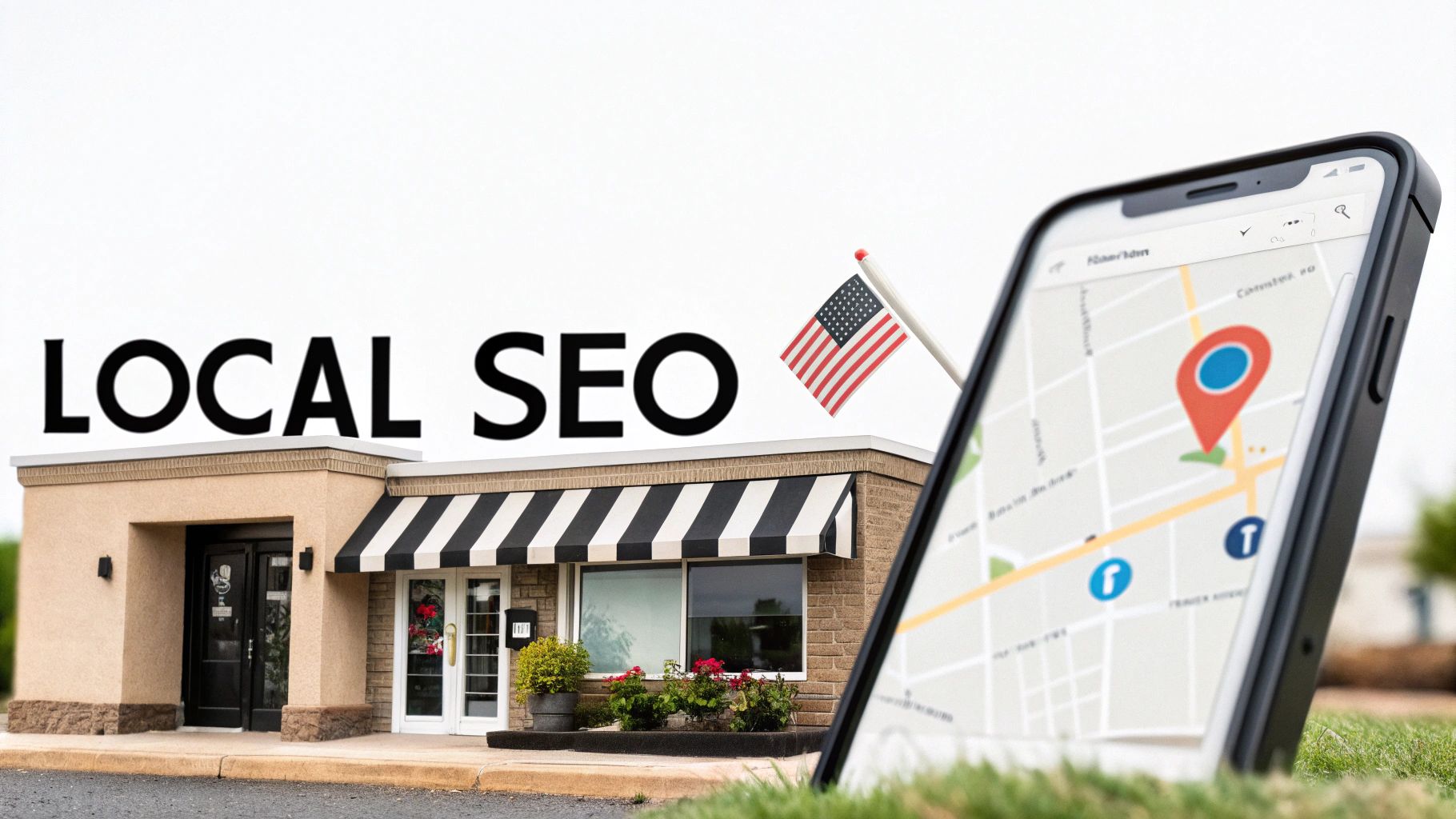 Local SEO text above a small business building with an American flag and a phone showing a map.