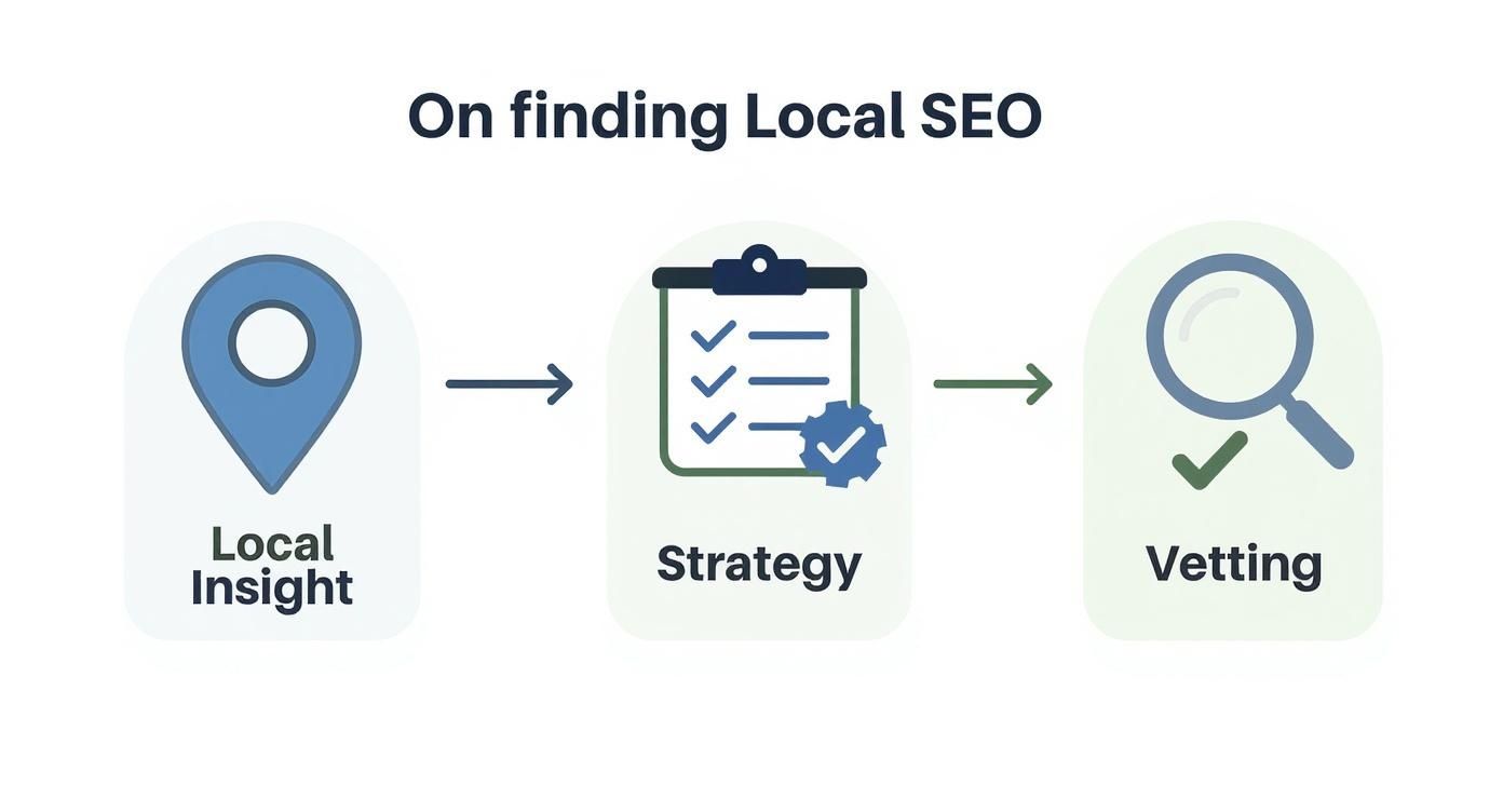 Diagram illustrating the process of finding local SEO, showing steps: Local Insight, Strategy, and Vetting.