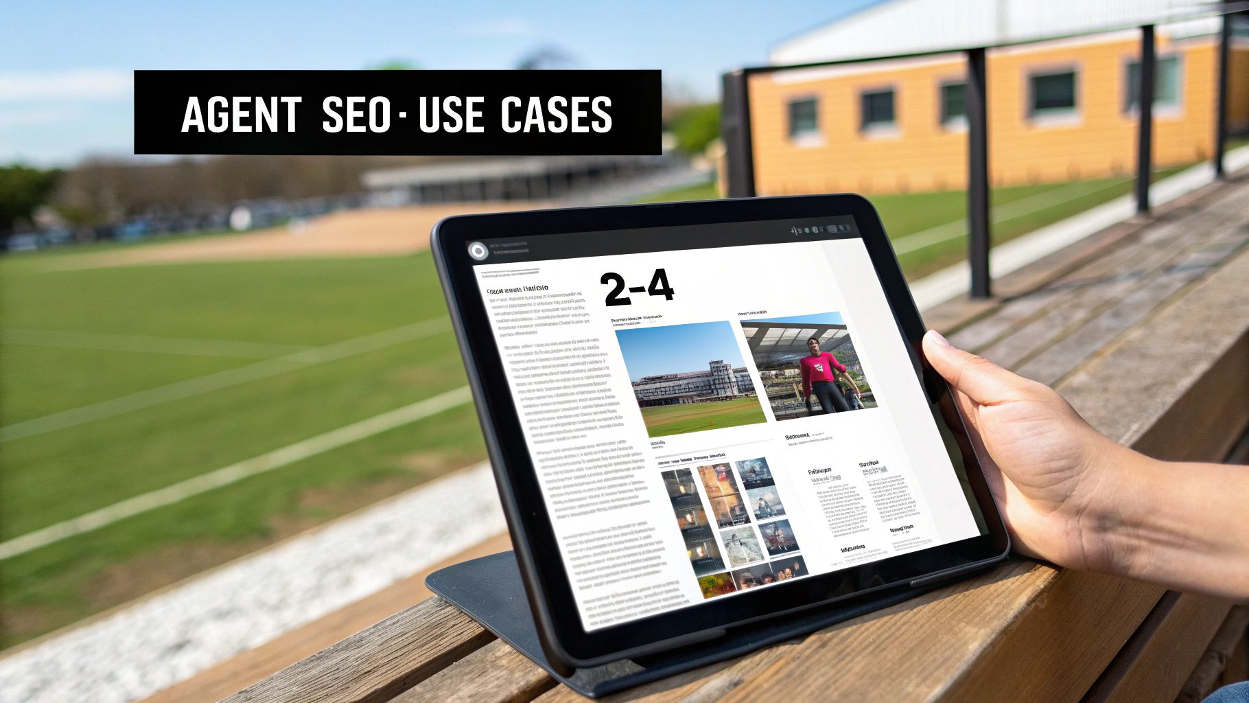 Person holding a tablet displaying an article about 'Agent SEO Use Cases' with a sports field in the background.