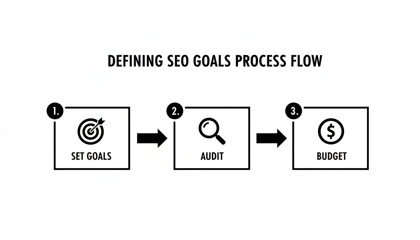 Process flow outlining three steps for defining SEO goals: Set Goals, Audit, and Budget.