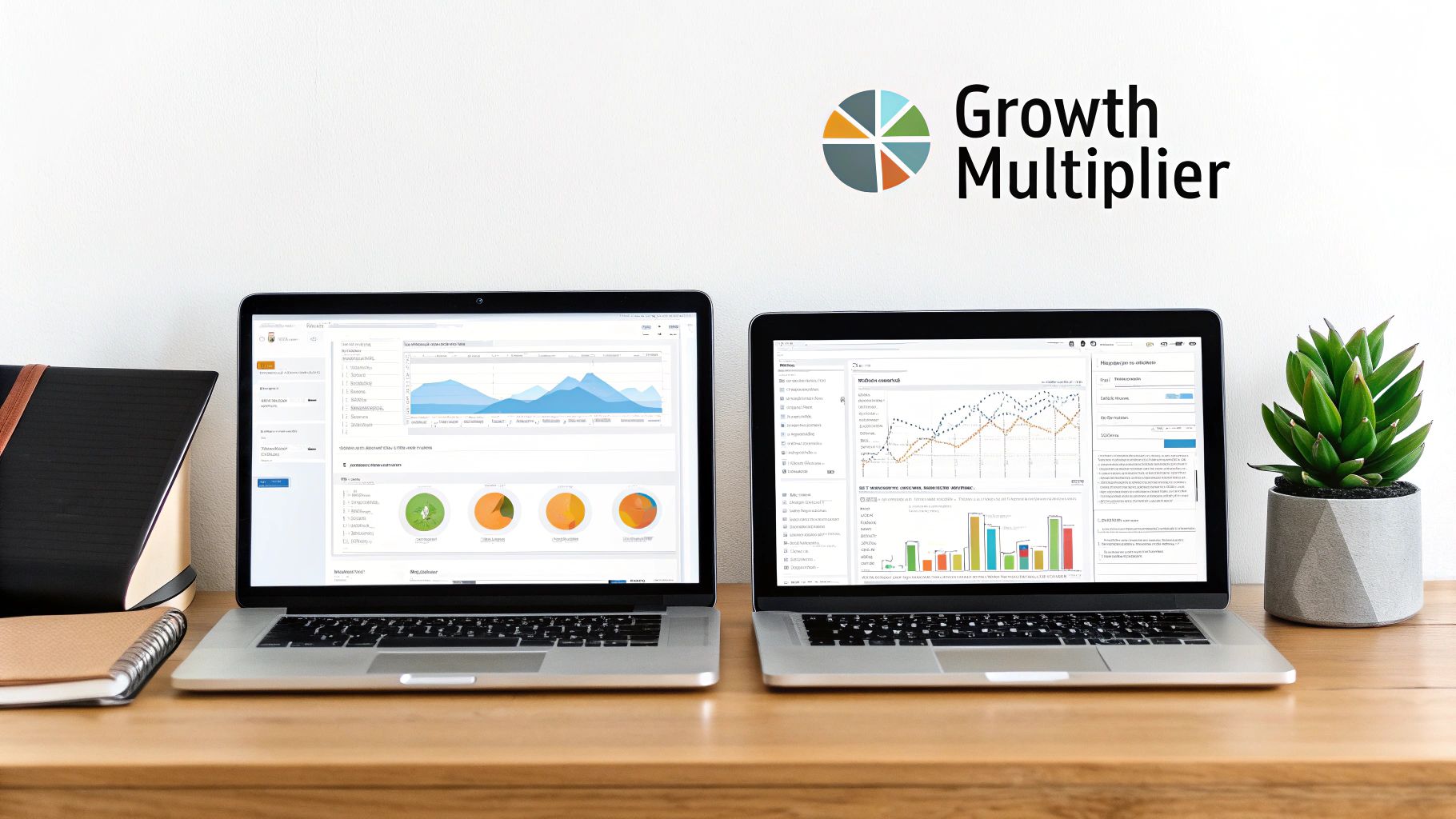 Two laptops on a wooden desk displaying business analytics dashboards with various charts and graphs, with Growth Multiplier logo.