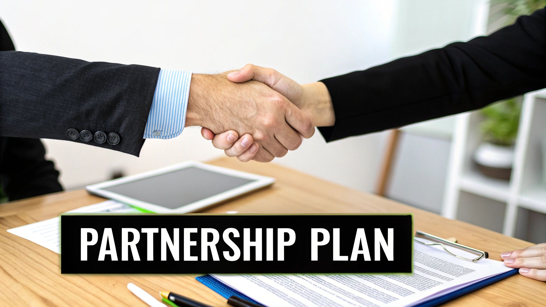 Two business people shaking hands over a desk with documents, signifying a partnership plan.