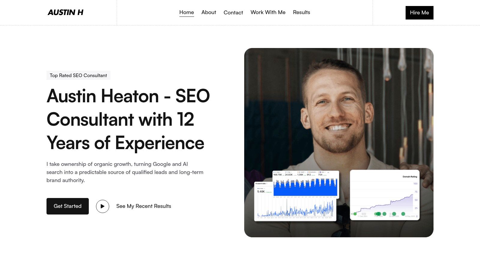 Austin Heaton's website showcasing his SEO and GEO expertise for tech startups