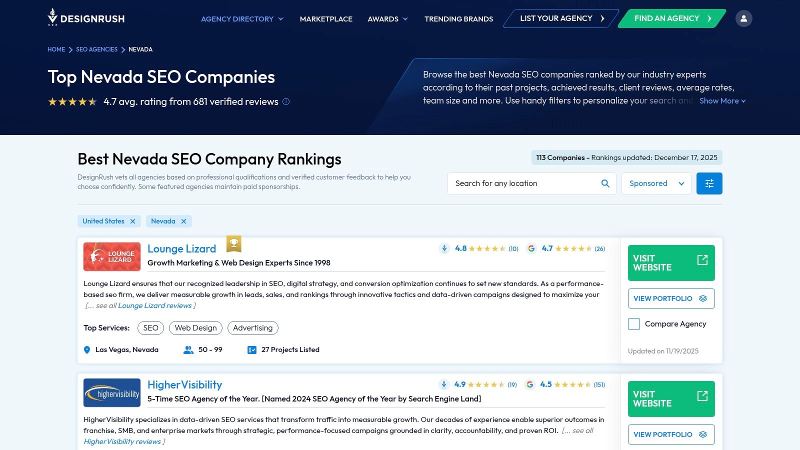 A screenshot of the DesignRush platform showing SEO agency rankings for Nevada, with filtering options for budget and location.