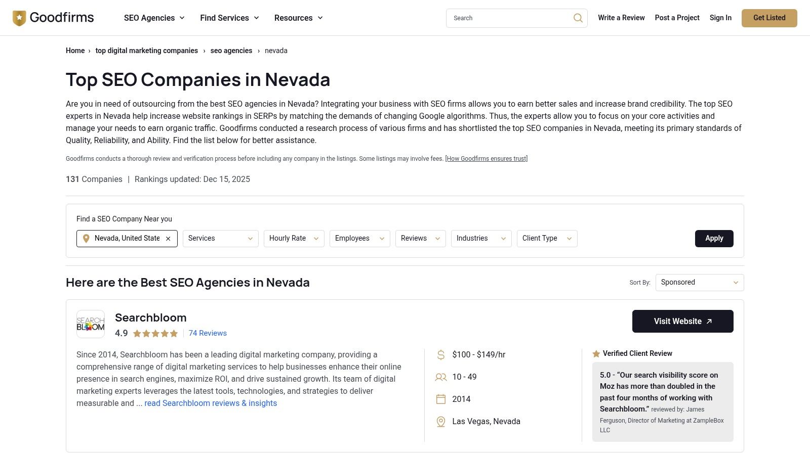 GoodFirms directory showing SEO agencies in Nevada with reviews and service focus