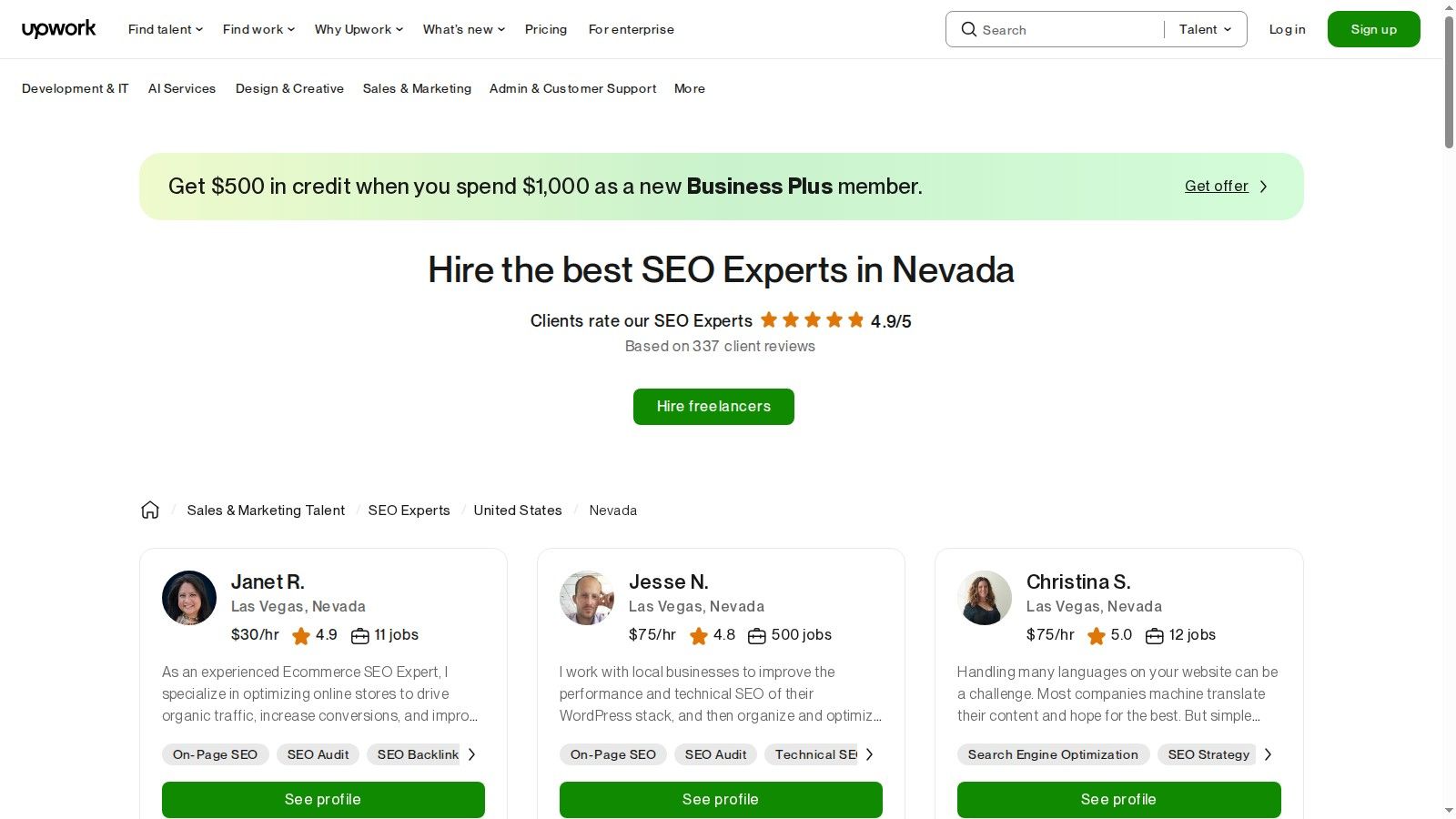 Freelancer profiles on Upwork showing job success scores and hourly rates for SEO specialists in Nevada