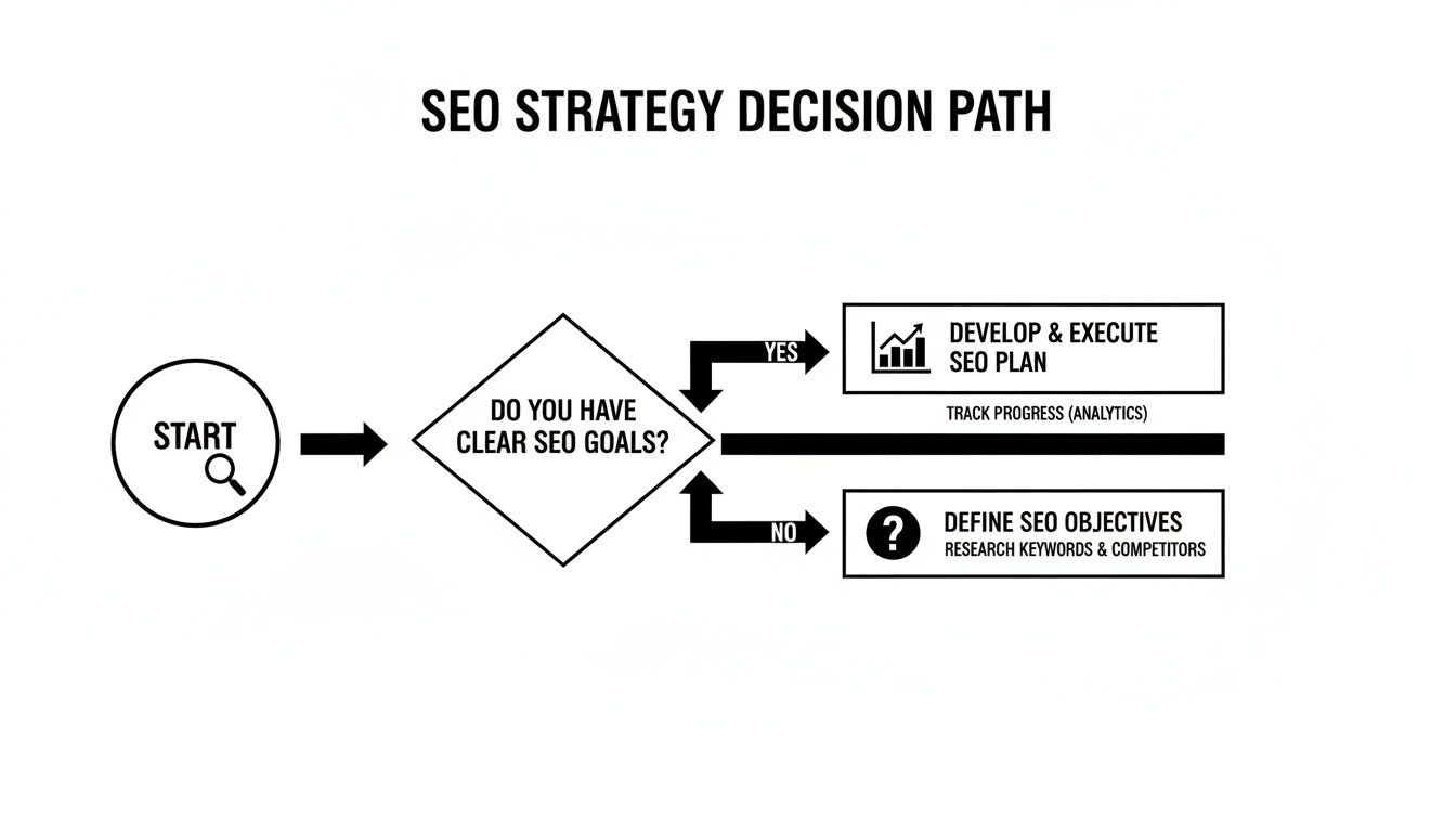 A flowchart detailing an SEO strategy decision path, from setting goals to planning and execution.