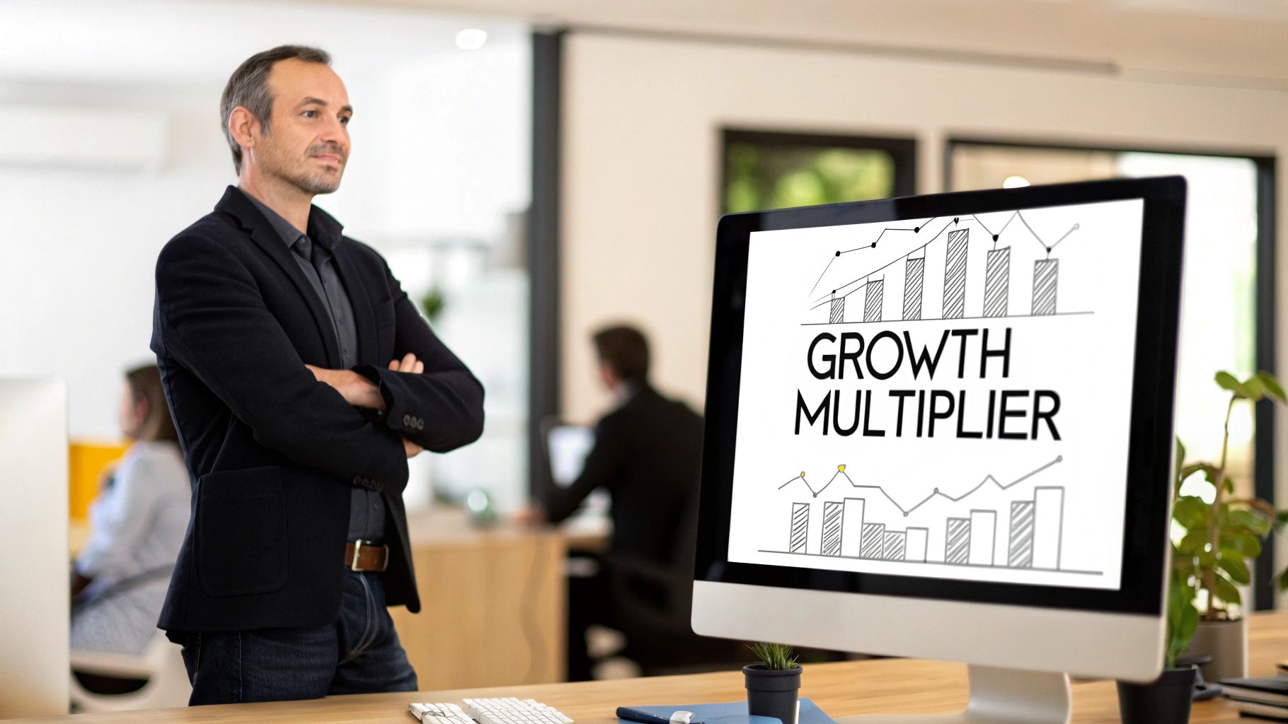 A man stands confidently in an office, a monitor displaying 'GROWTH MULTIPLIER' charts.