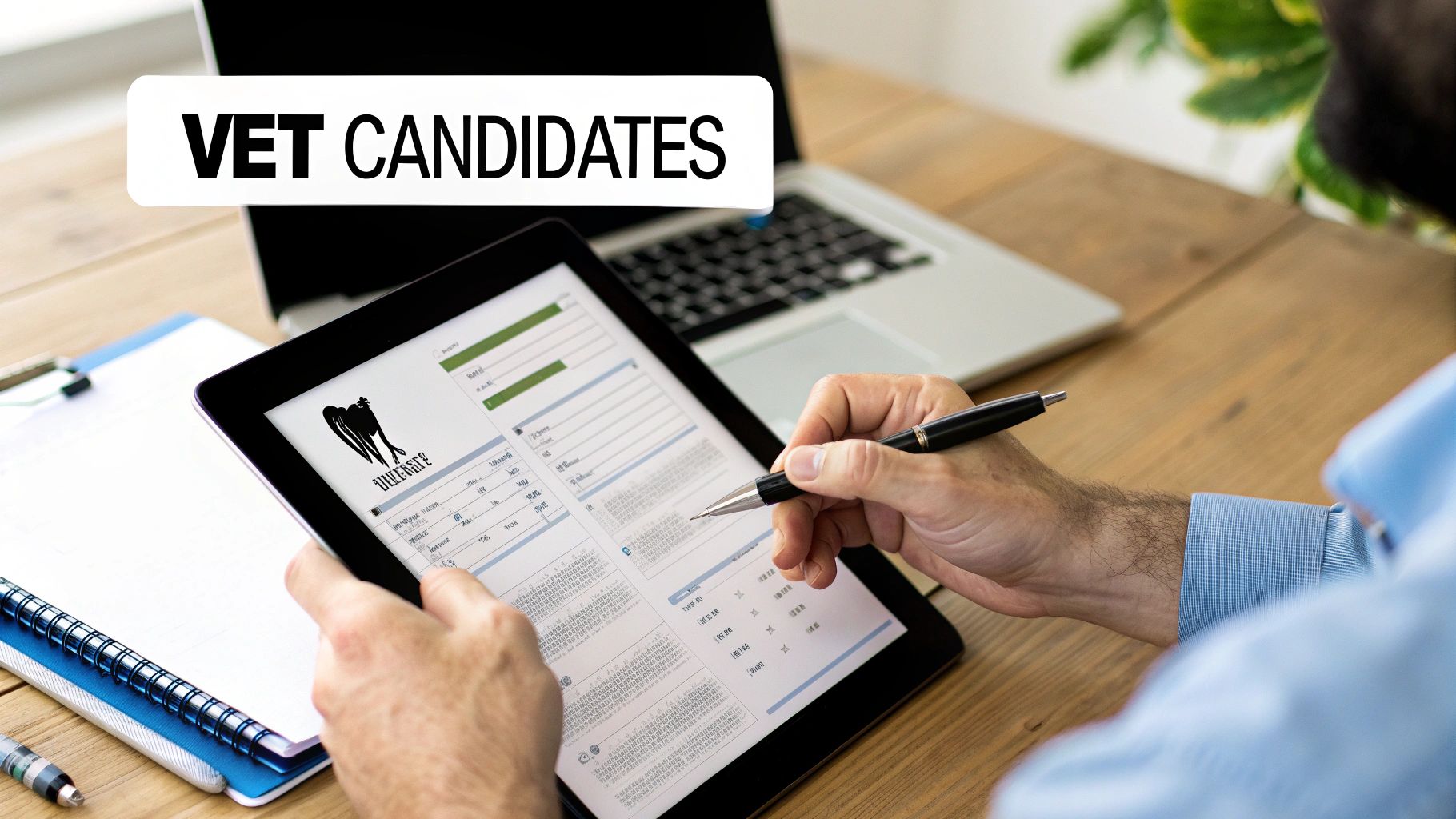 Hands using a tablet to fill out a digital form with 'VET CANDIDATES' text, on a wooden desk.