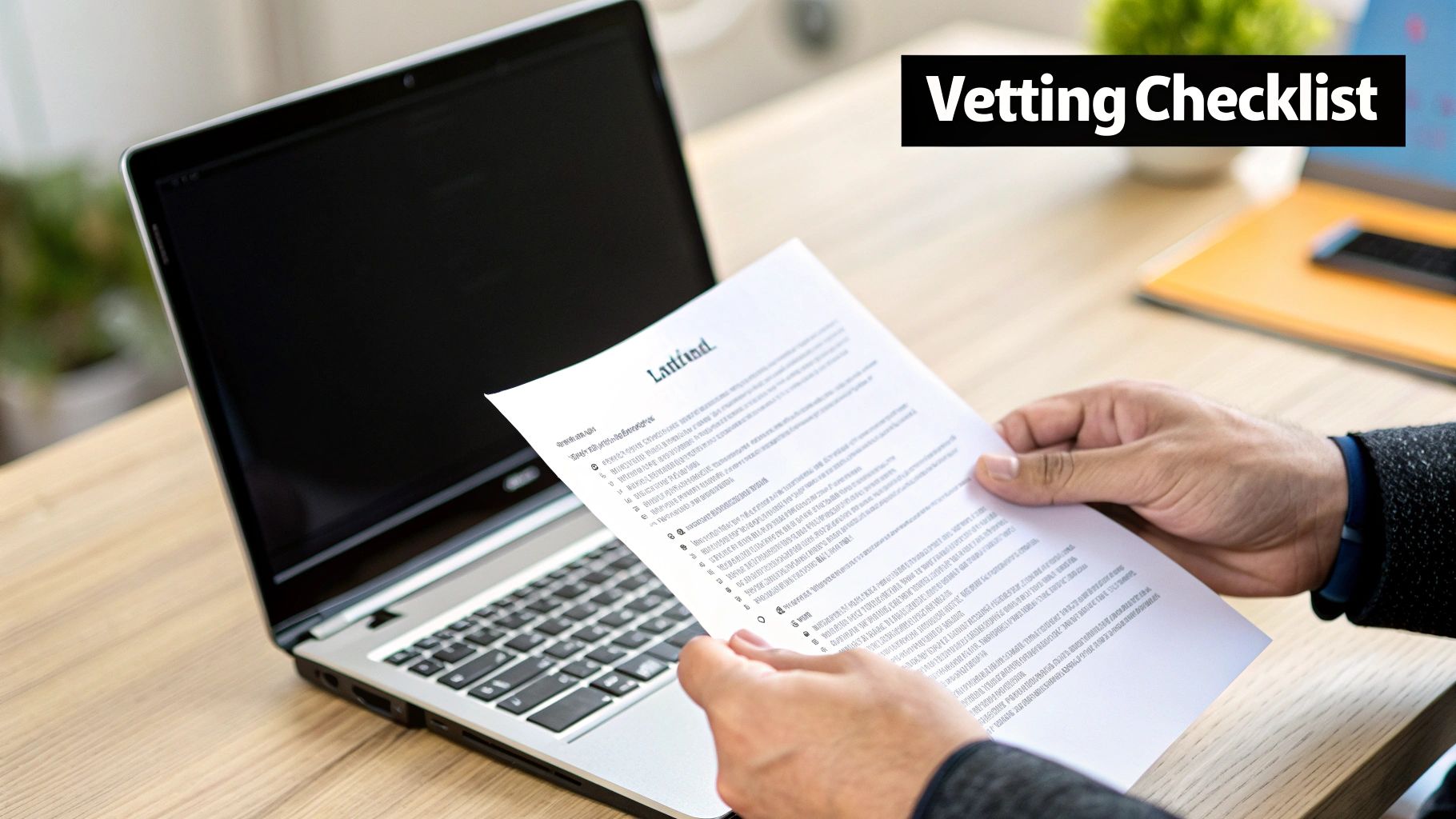 A person's hands hold a document titled 'Vetting Checklist' in front of an open laptop.