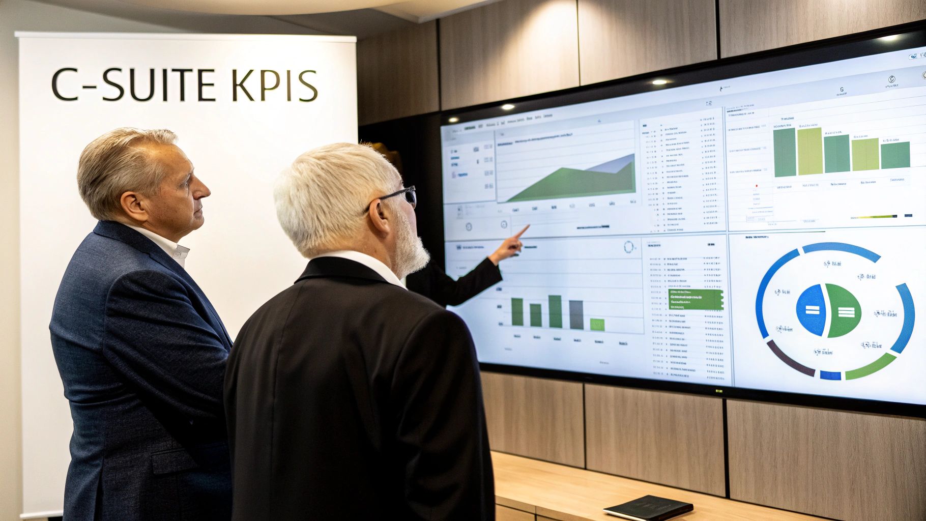 Business executives review C-Suite KPIs on a large digital dashboard during a meeting.