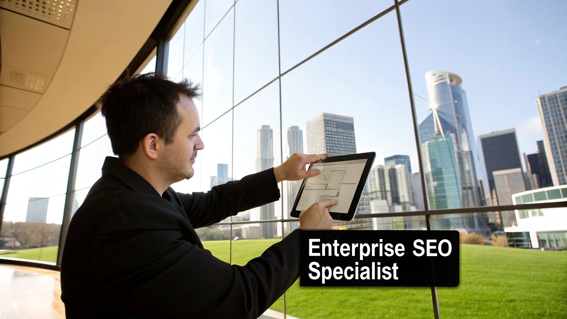 A male professional reviews architectural plans on a tablet while standing in a modern office with a city view.