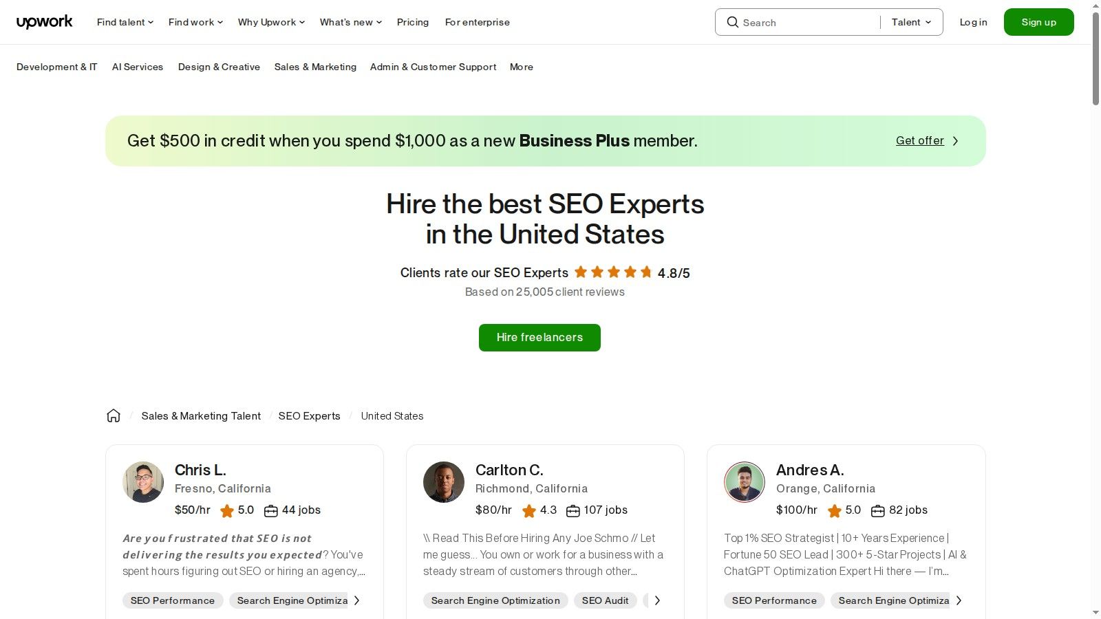 Upwork platform showing a search for local SEO experts in the U.S.