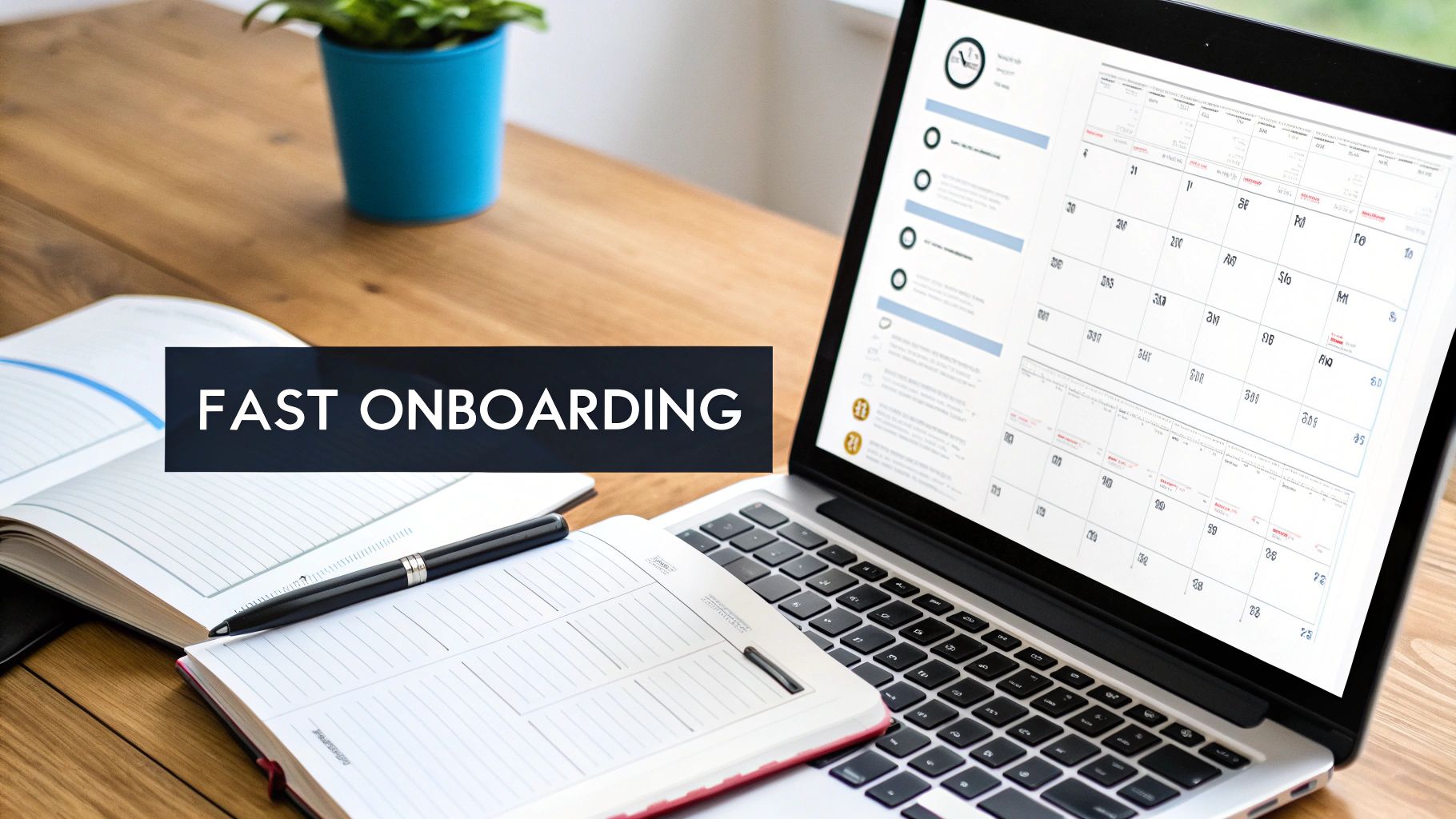 A laptop displaying a calendar and a notebook on a wooden desk with 'FAST ONBOARDING' text.
