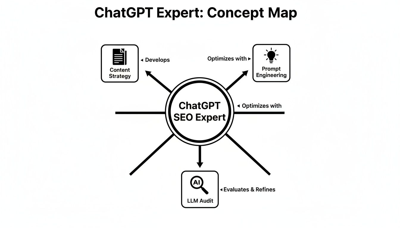 A concept map showing ChatGPT SEO Expert connected to content strategy, prompt engineering, and LLM audit.