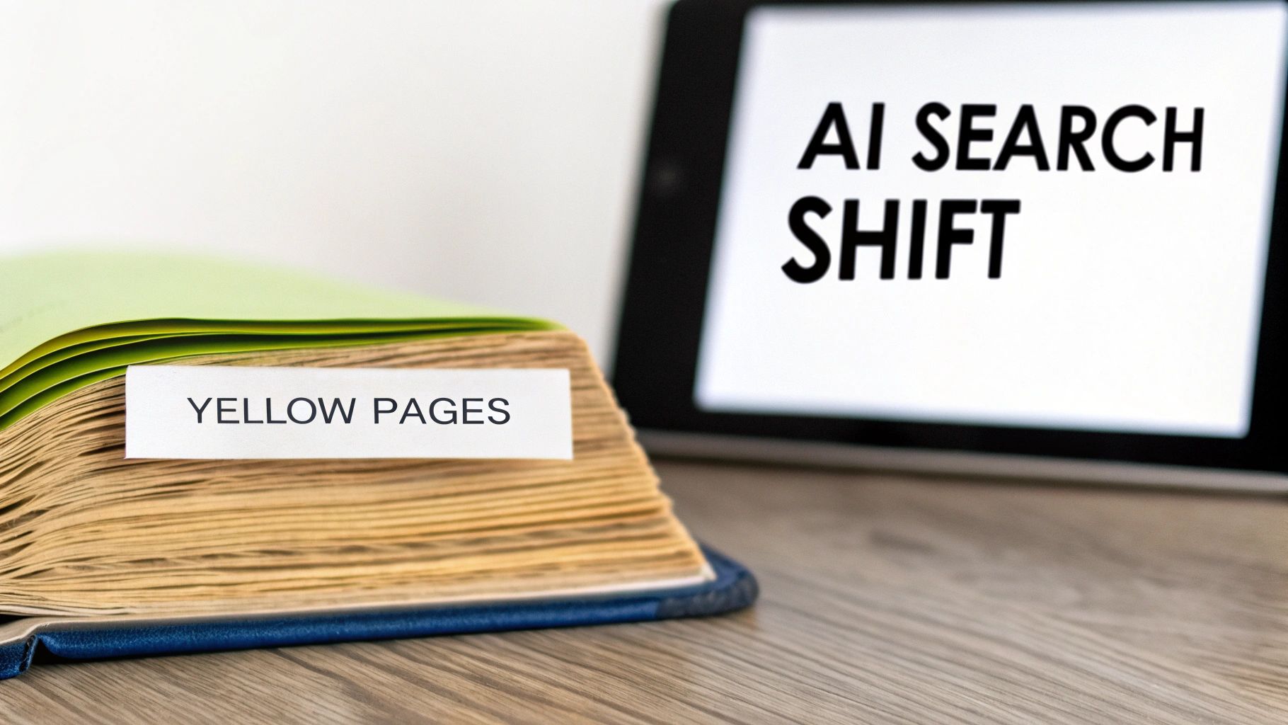 A Yellow Pages book next to a tablet displaying 'AI SEARCH SHIFT', symbolizing digital transformation.