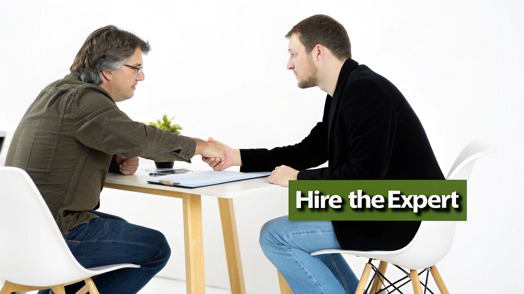 Two business professionals shaking hands over a table after an agreement, text reads 'Hire the Expert'.
