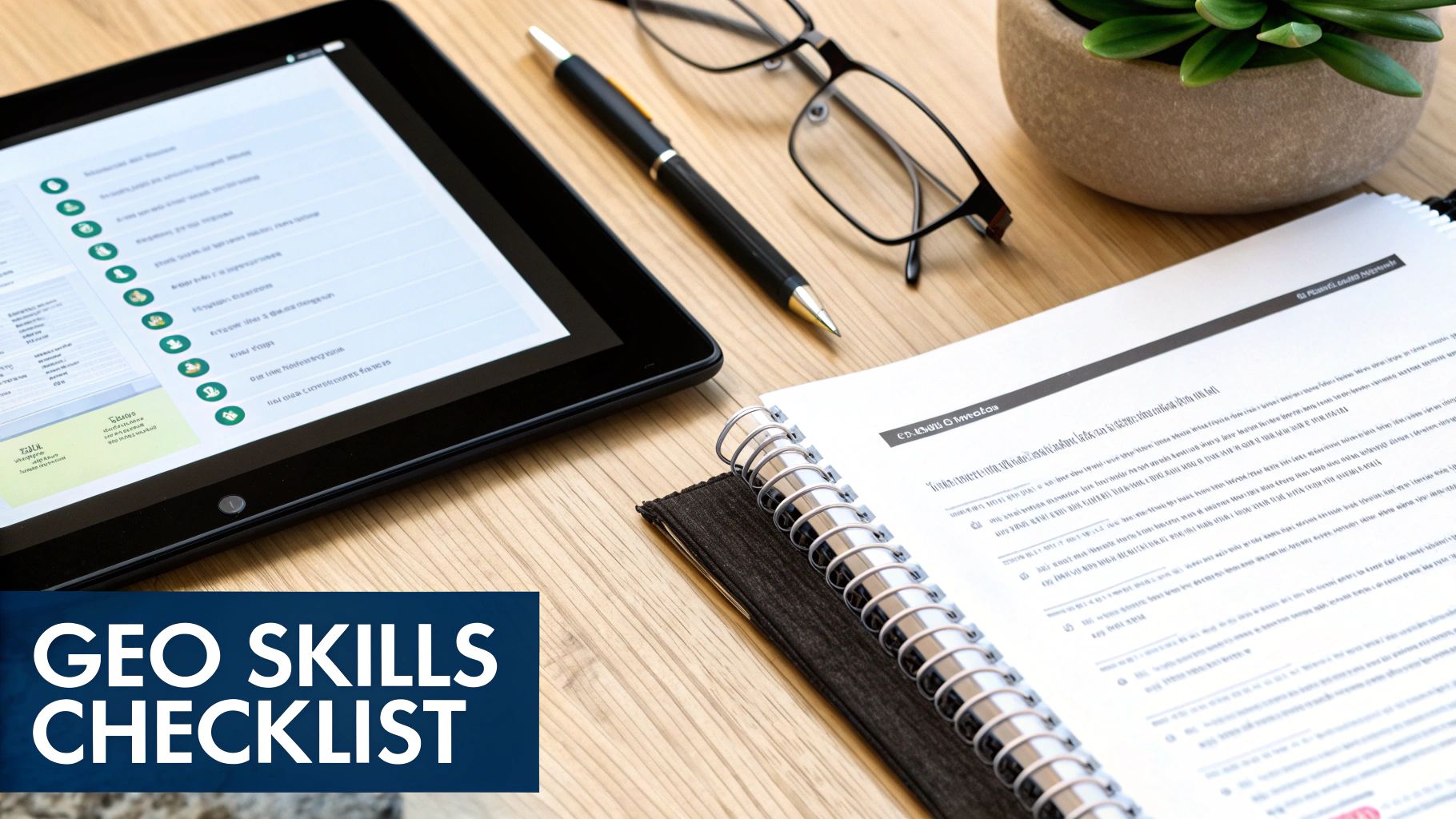 A flat lay of a workspace with a tablet, notebook, pen, and glasses, with 'GEO SKILLS CHECKLIST' text overlay.