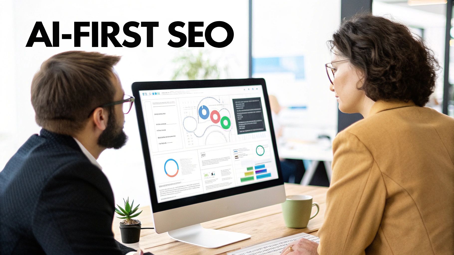 Two professionals analyze AI-First SEO data on a computer in a modern office environment.