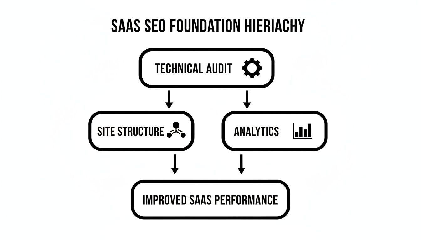 Flowchart showing SAAS SEO foundation hierarchy from technical audit, site structure, analytics to improved performance.