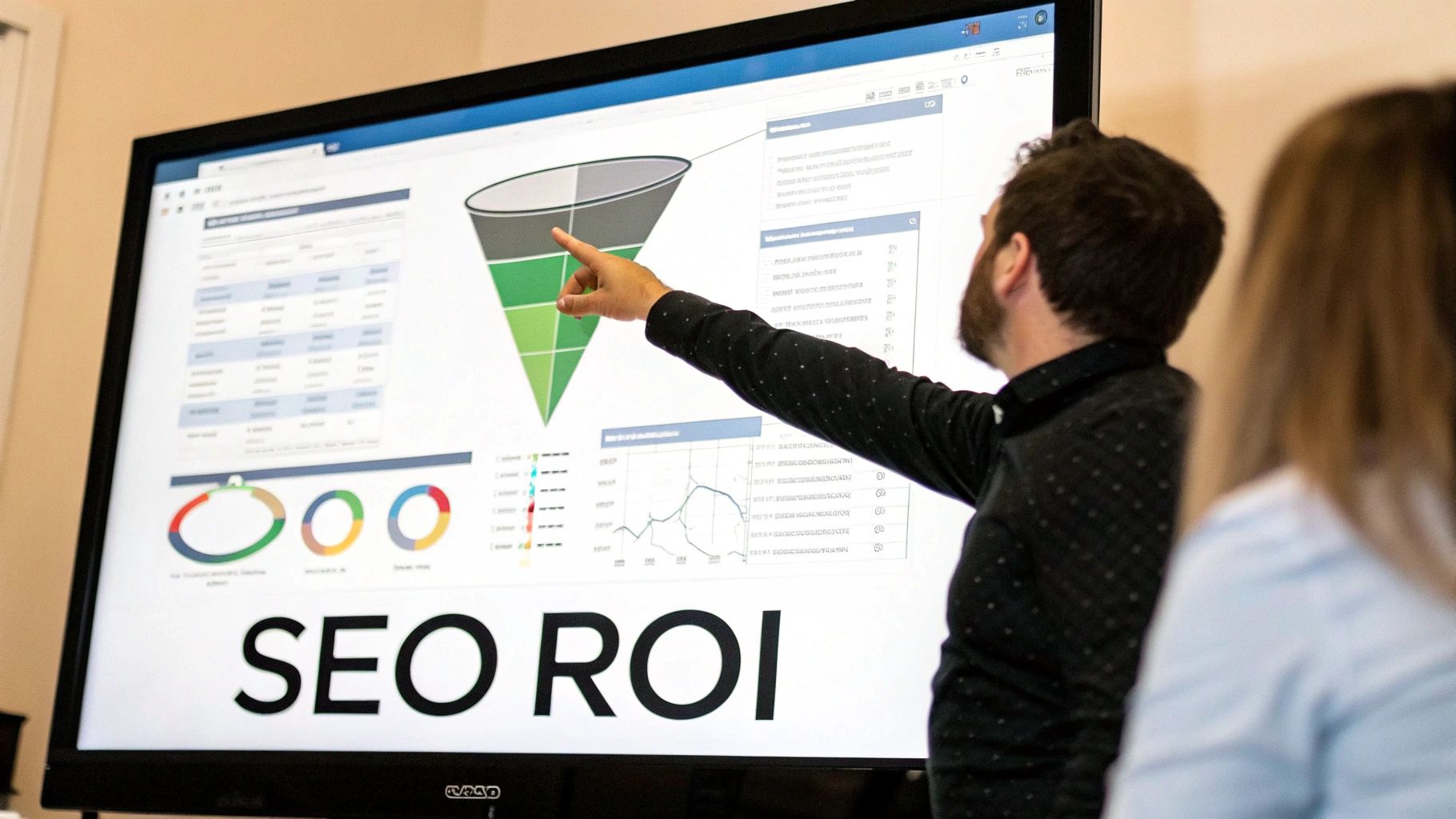 Man pointing at a large screen displaying an SEO ROI dashboard with various charts, graphs, and a sales funnel.
