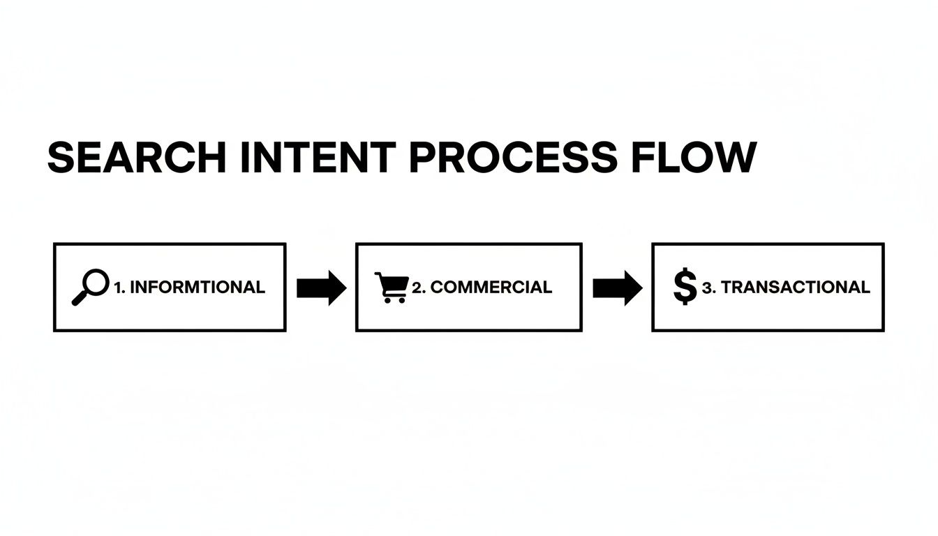 Flowchart illustrating the search intent process: Informational, Commercial, and Transactional stages.