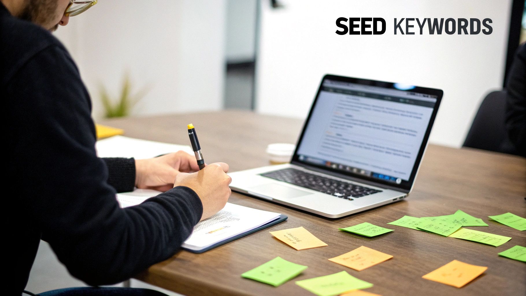 A person brainstorming seed keywords, writing on paper with a pen, surrounded by a laptop and sticky notes.