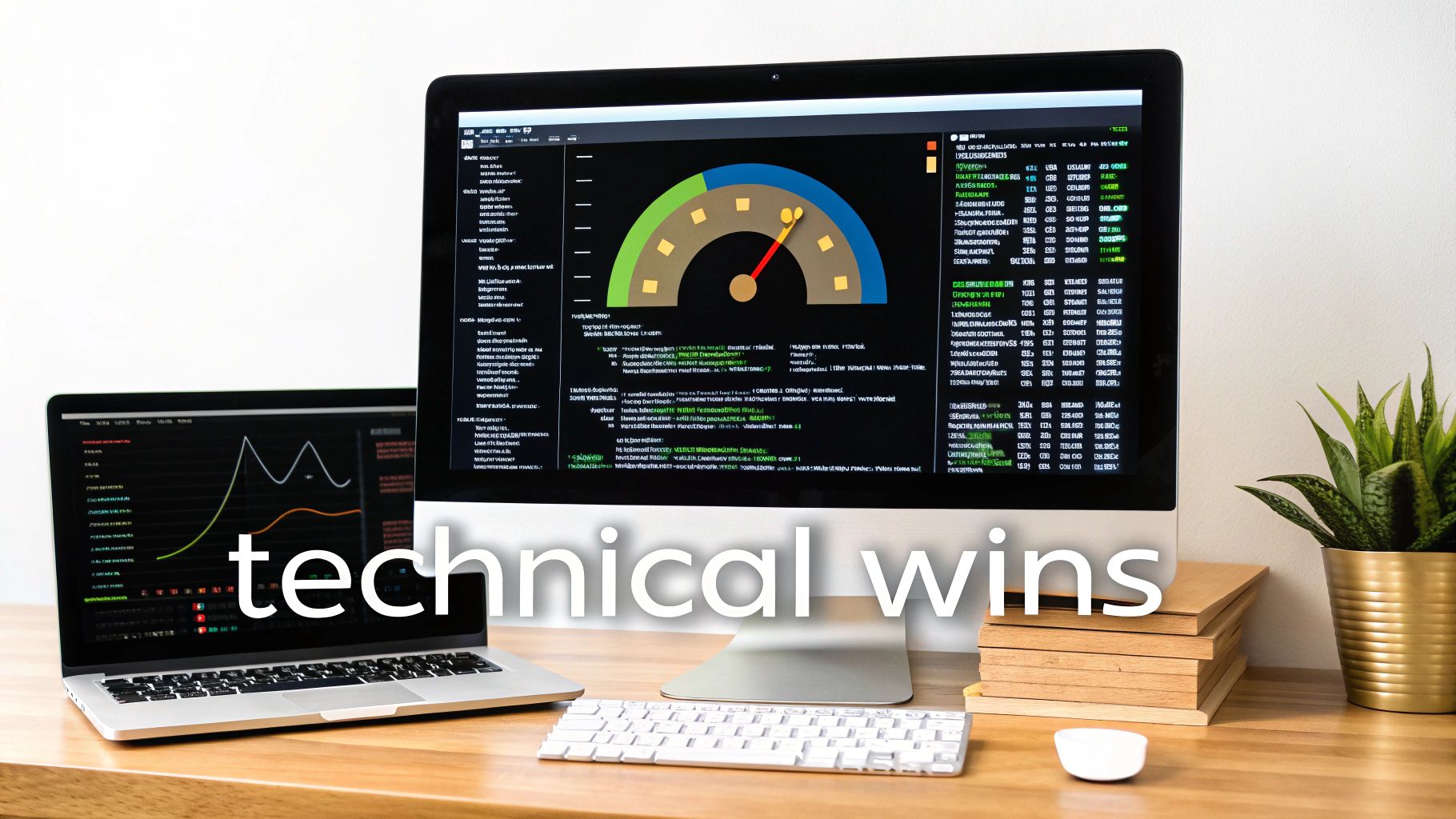 Two computers on a desk displaying technical data, graphs, and code, symbolizing progress and wins.