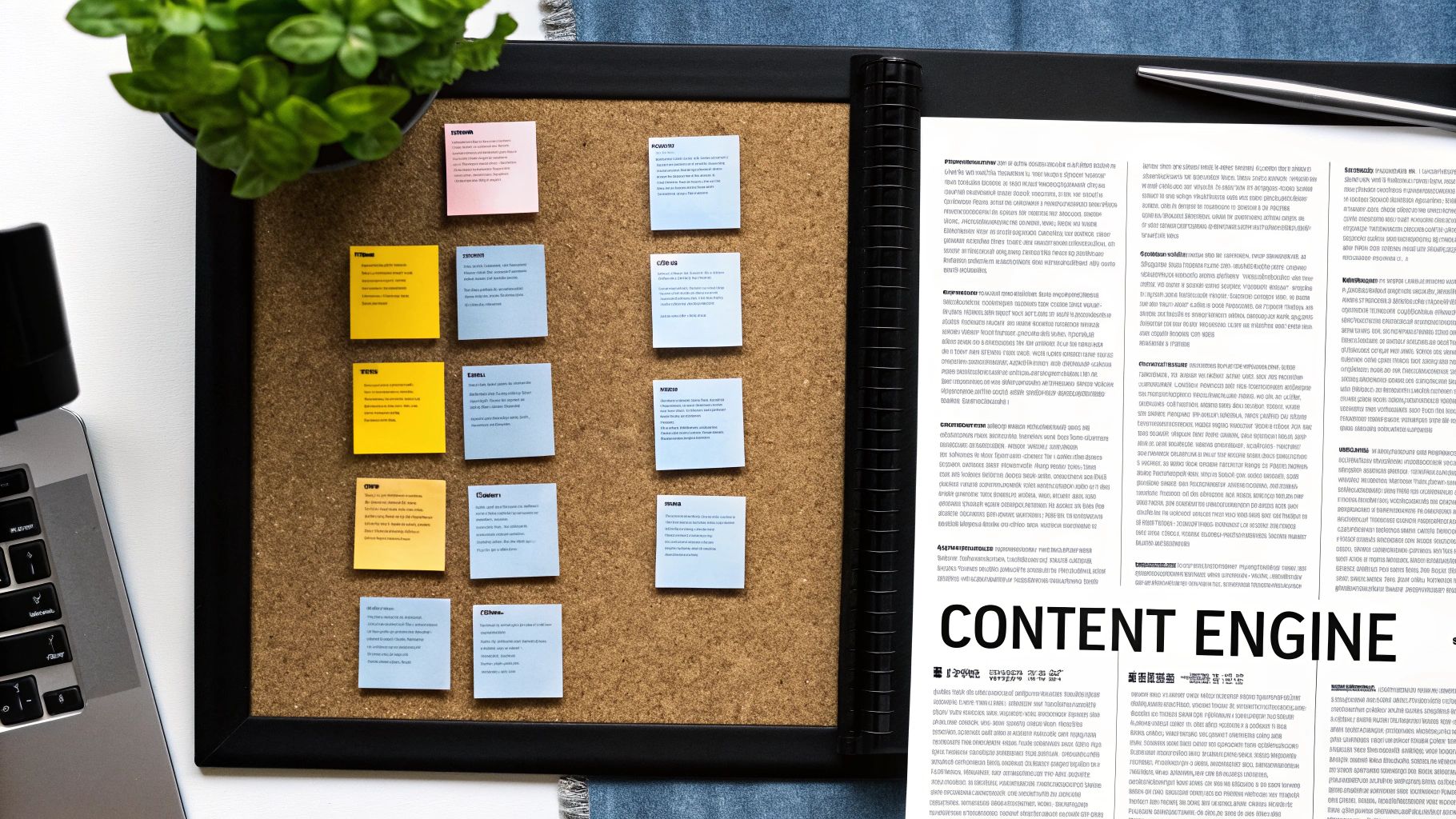 Flat lay of a cork board with colorful sticky notes, a document titled 'CONTENT ENGINE', laptop, and plant.