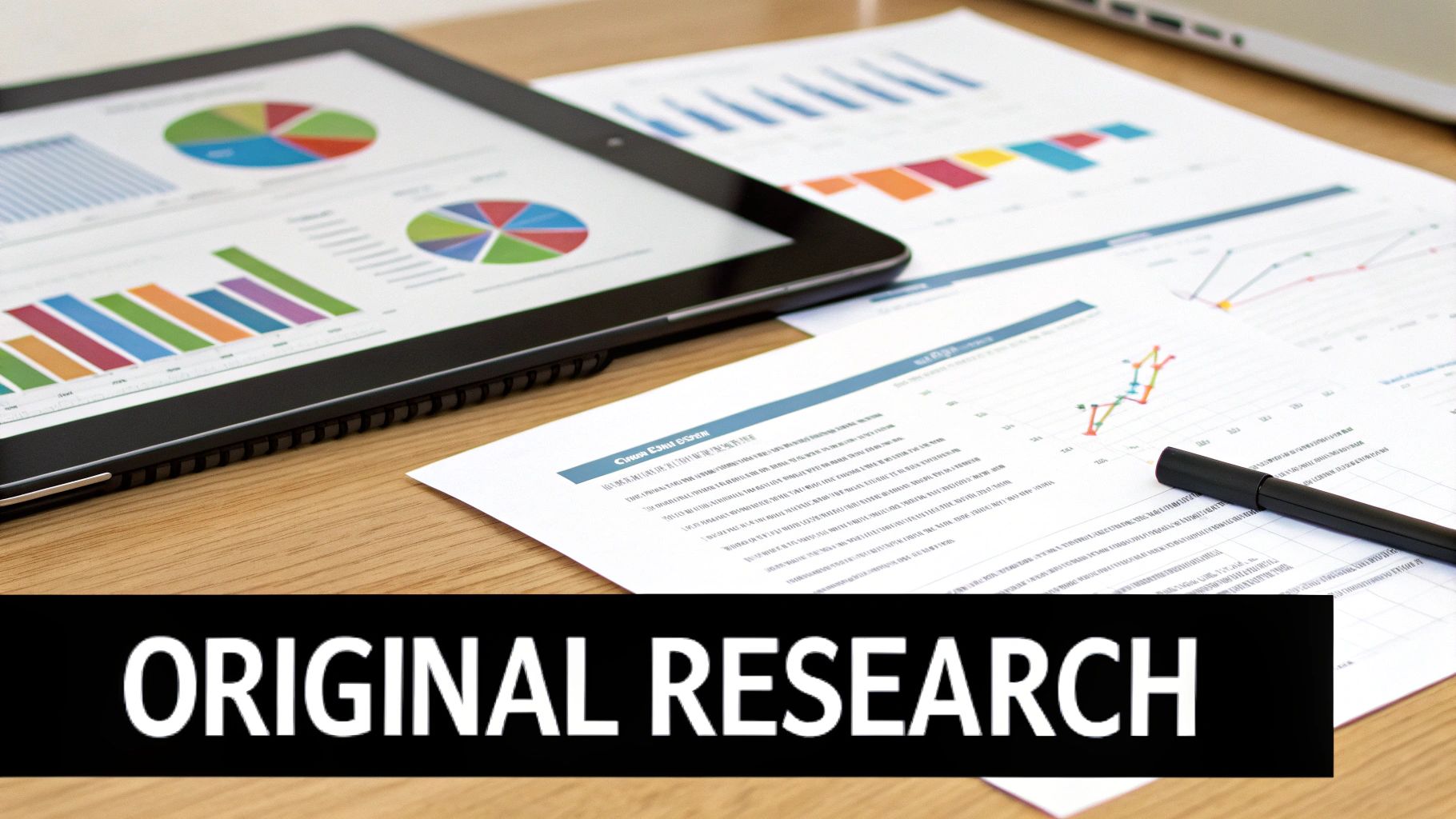 A close-up of a tablet and papers on a wooden desk showing colorful business charts and graphs with a black pen.