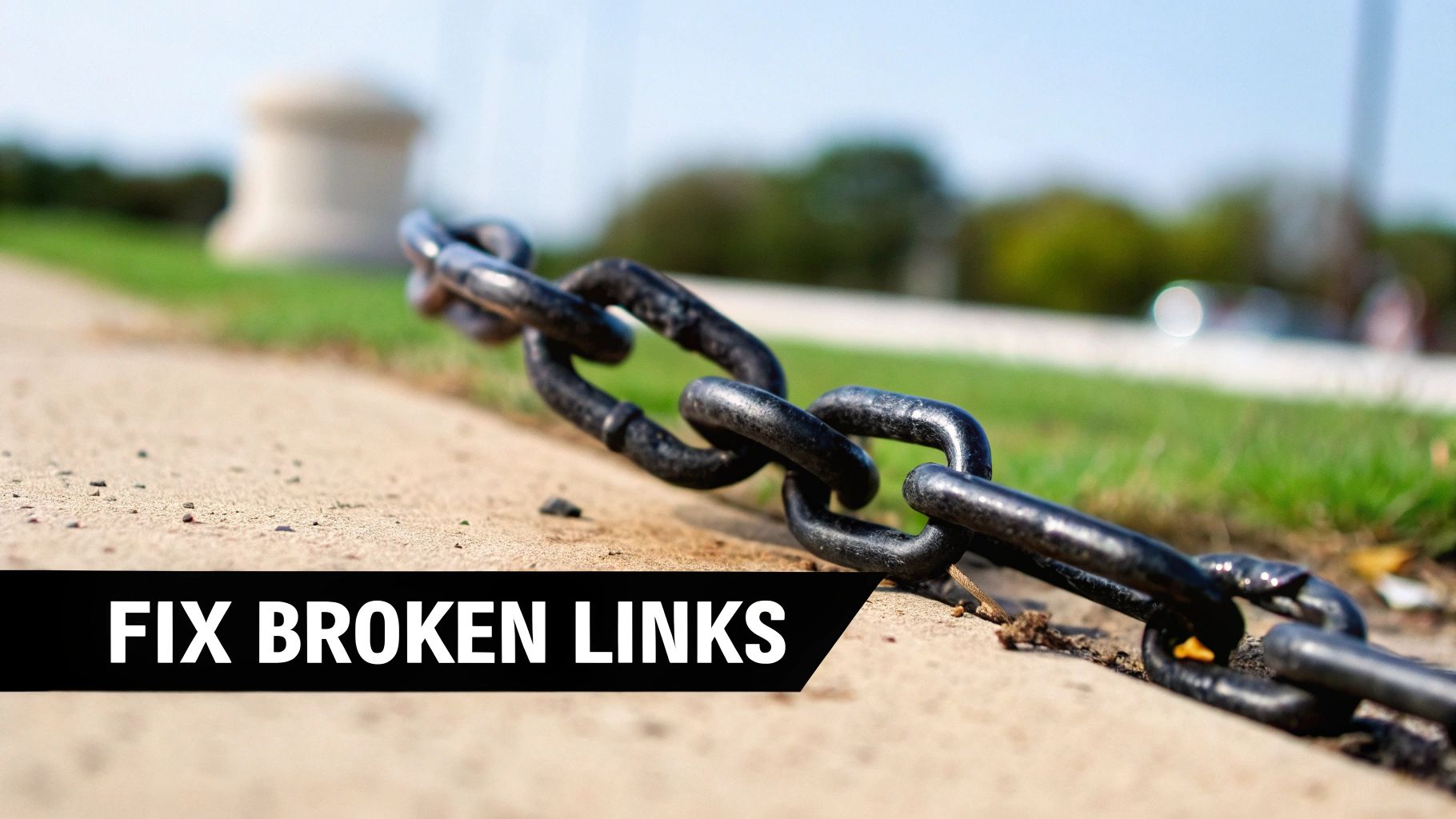 Close-up of a sturdy metal chain on a path with grass, representing the concept of fixing broken links.