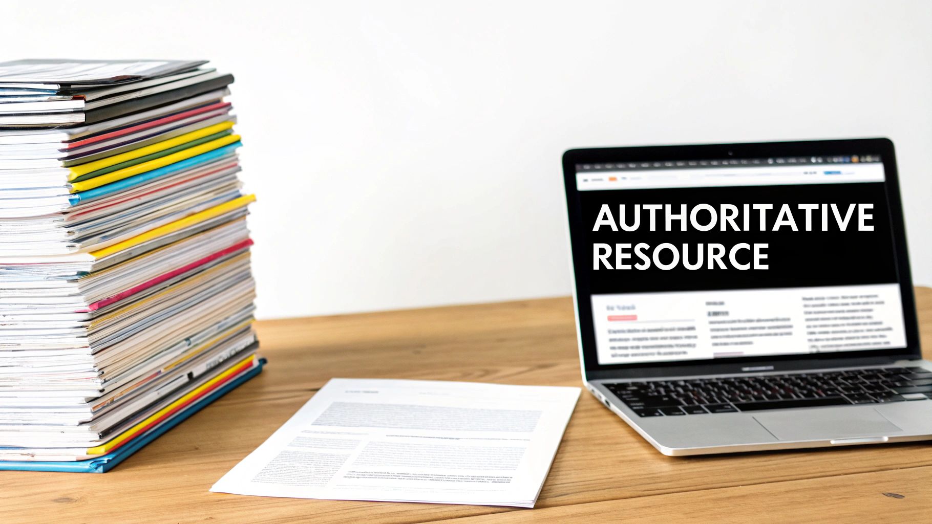 A stack of colorful magazines and a laptop displaying 'AUTHORITATIVE RESOURCE' on a wooden desk.