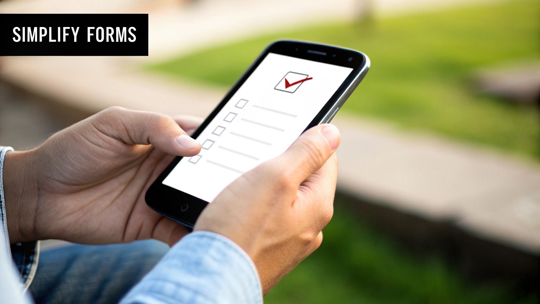 A person holds a smartphone displaying a checklist with a red checkmark, simplifying forms.
