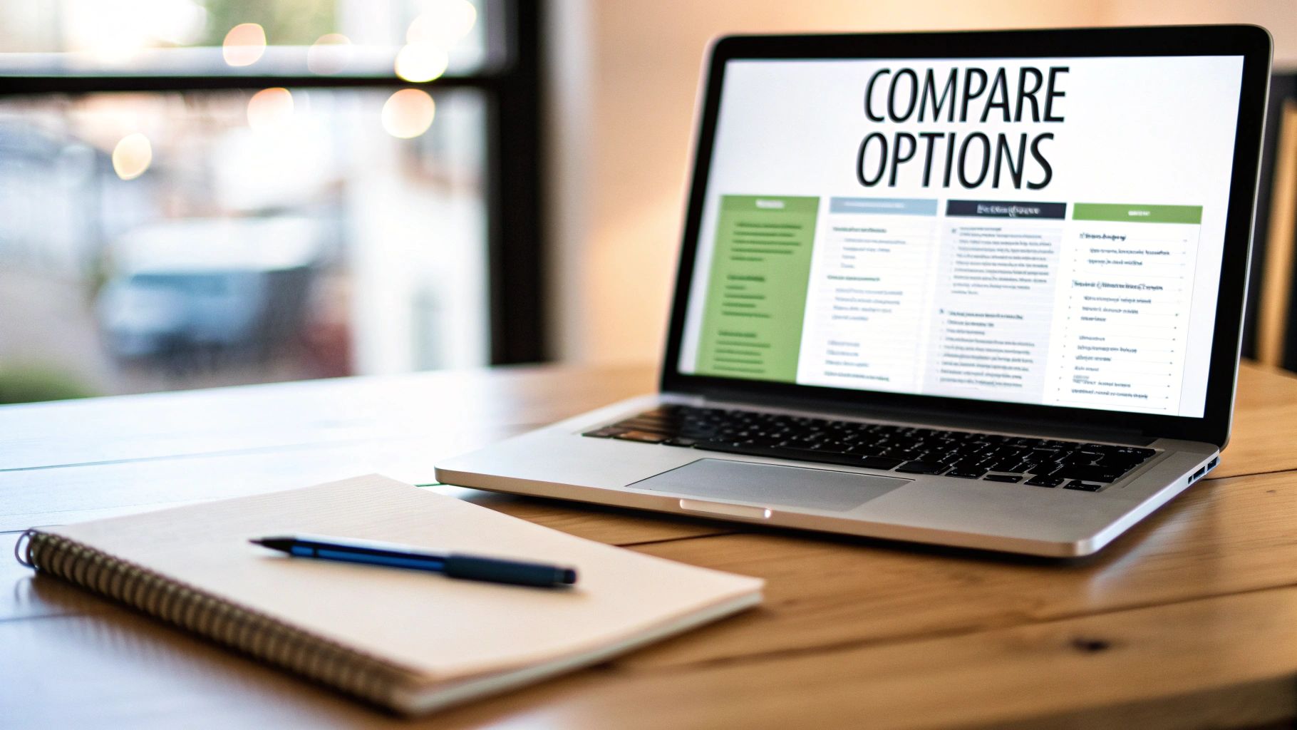 A laptop showing 'COMPARE OPTIONS' on its screen, next to a notepad and pen on a wooden desk.