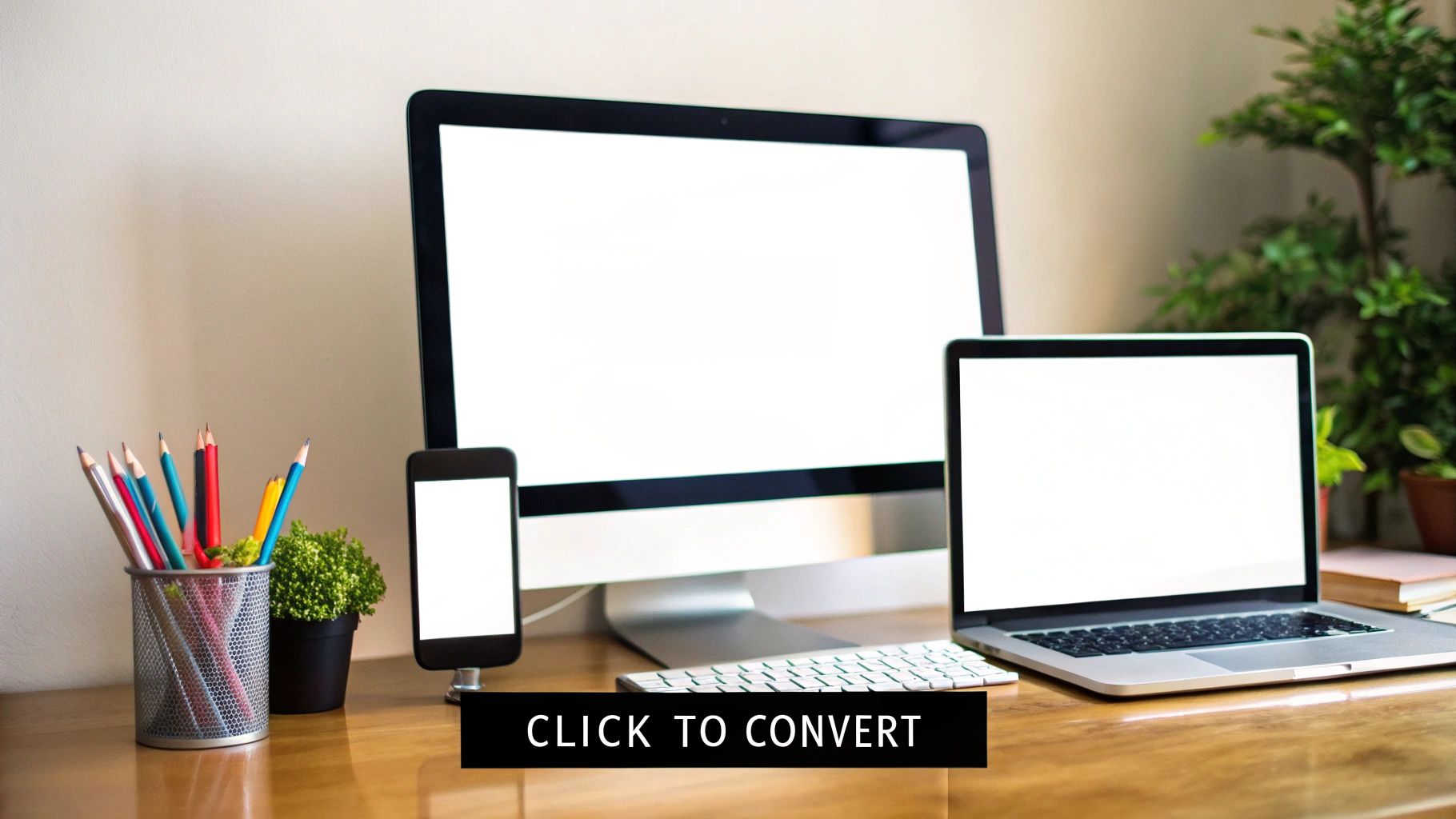 A modern workspace with a desktop computer, laptop, and smartphone featuring blank white screens.