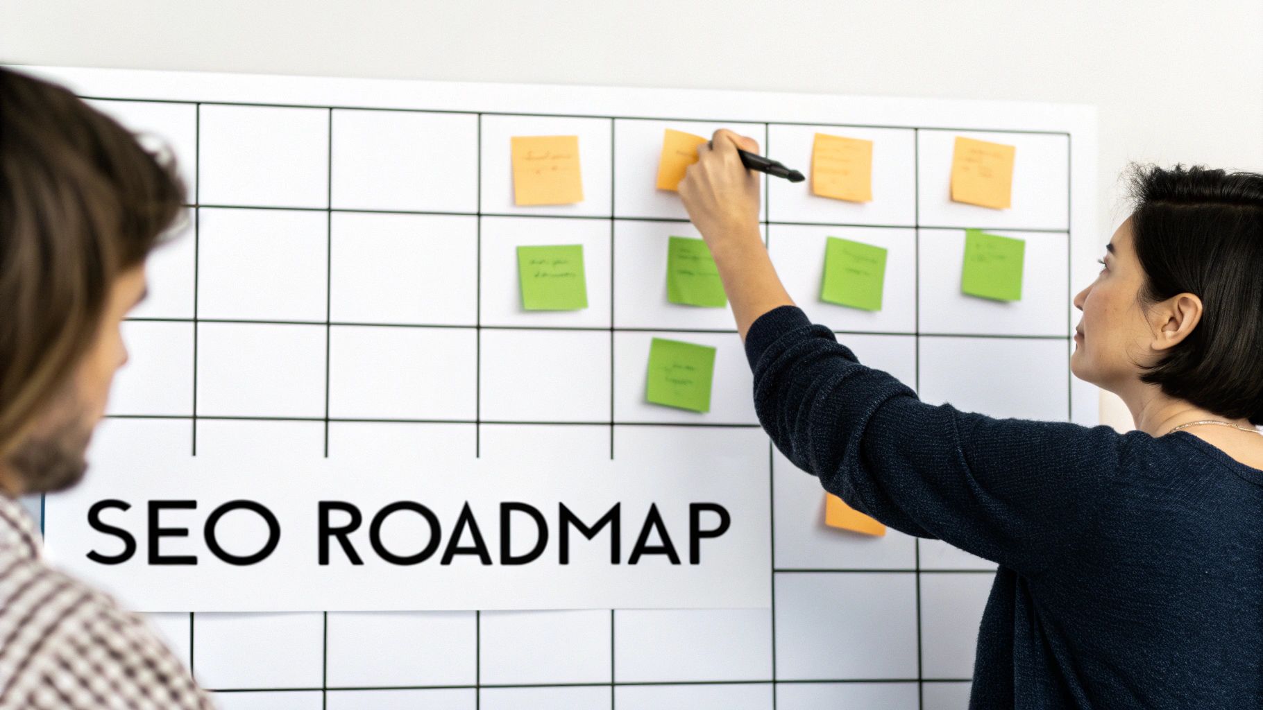 A woman writes on an orange sticky note on a white board titled 'SEO ROADMAP' with a man watching.