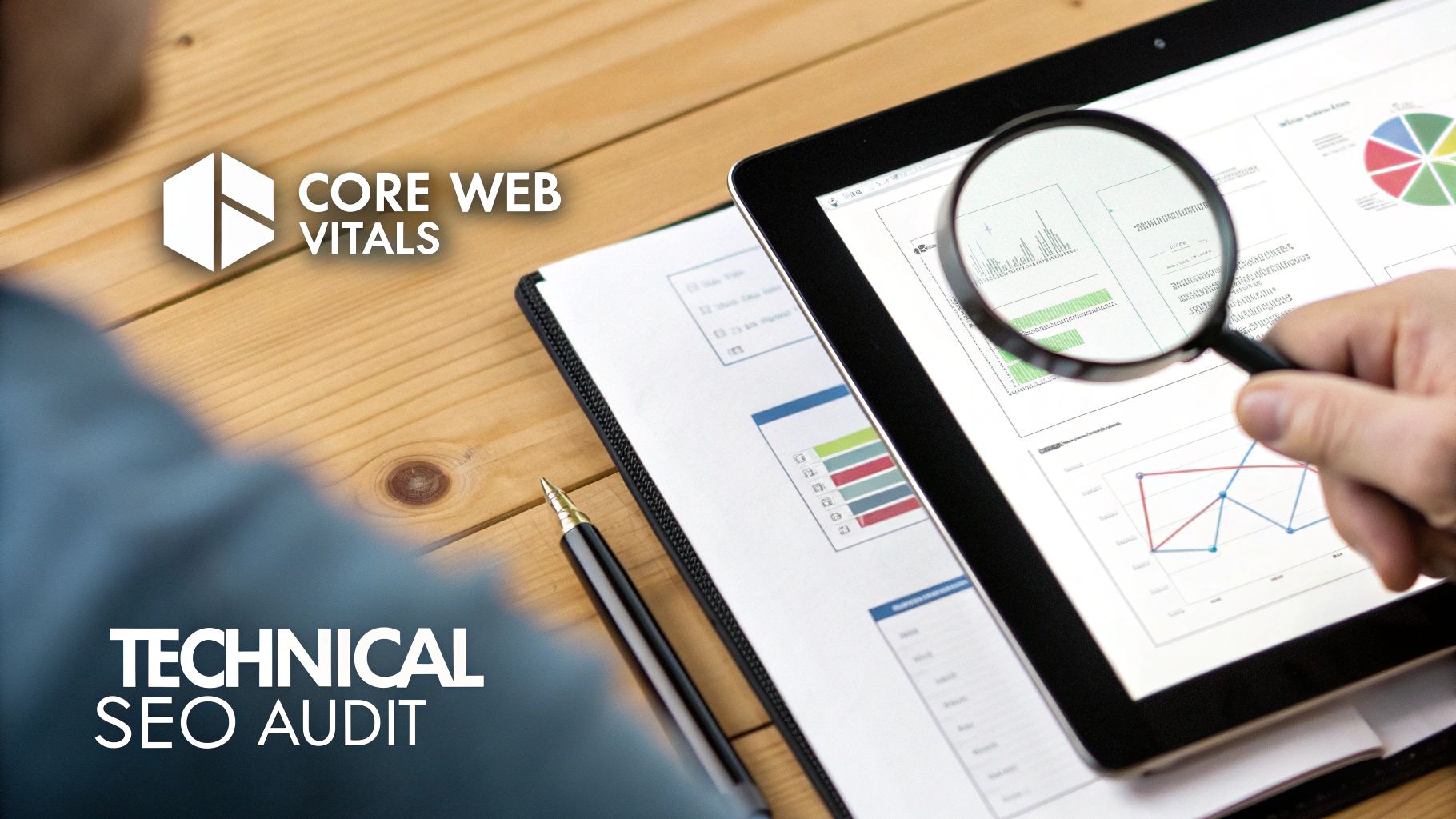 A person conducts a technical SEO audit, examining Core Web Vitals data on a tablet with a magnifying glass.