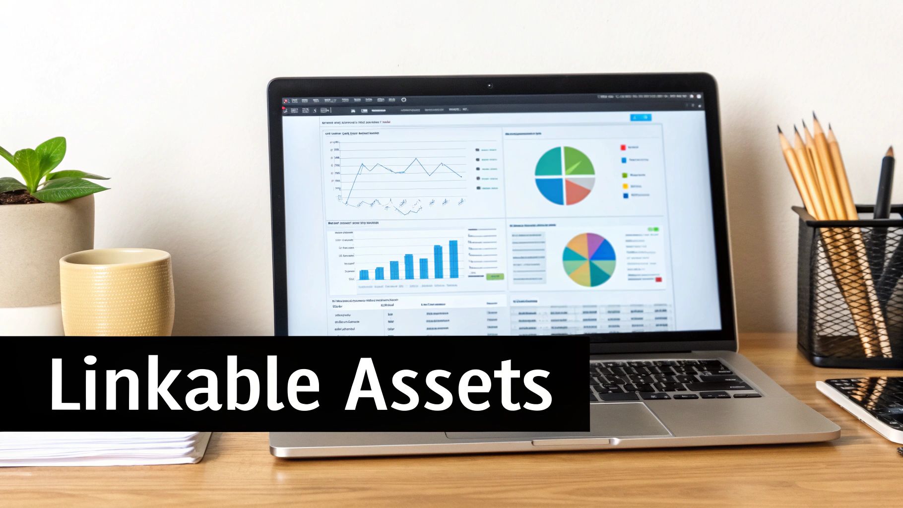 A laptop on a wooden desk displaying various data visualizations and charts in an office setting.