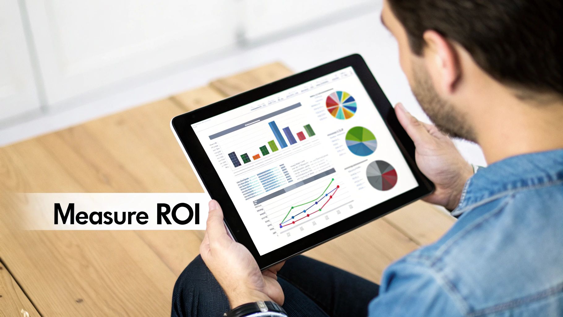 A man is intently analyzing business charts and graphs on a tablet screen, focusing on ROI.