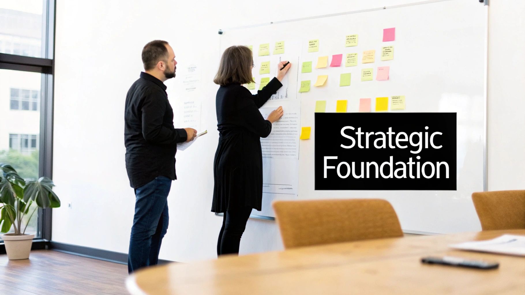 Two professionals brainstorm ideas on a whiteboard with sticky notes and 'Strategic Foundation' text.