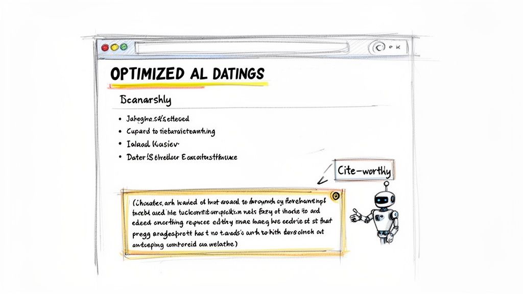 Sketch of a browser displaying 'Optimized AI Datings' and a robot pointing to 'Cite-worthy' content.