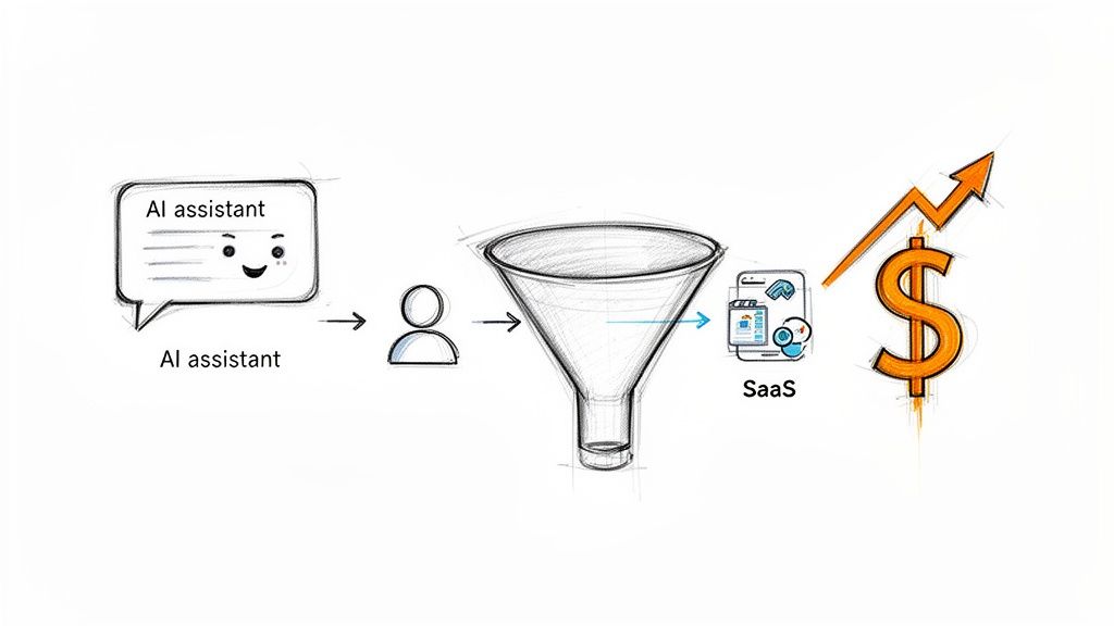 An AI assistant guides users through a sales funnel to a SaaS product, resulting in increased revenue.