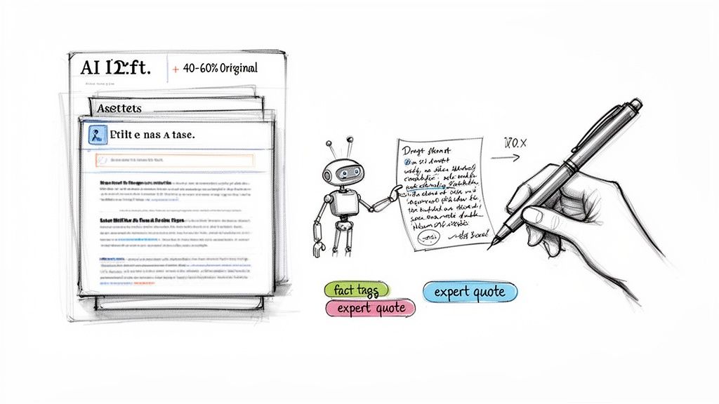 Diagram illustrating AI-generated content creation and human review process with fact tags and expert quotes.