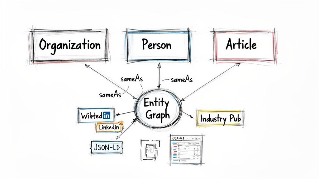 Diagram illustrating an entity graph connecting organizations, persons, articles, and various data sources.