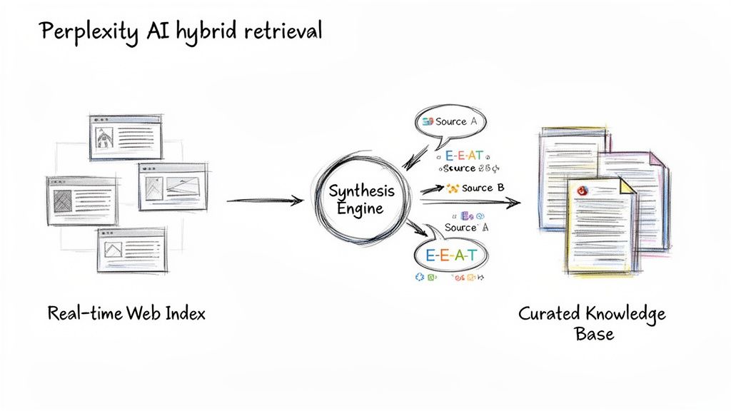 Diagram showing Perplexity AI's hybrid retrieval process from real-time web index to a curated knowledge base.