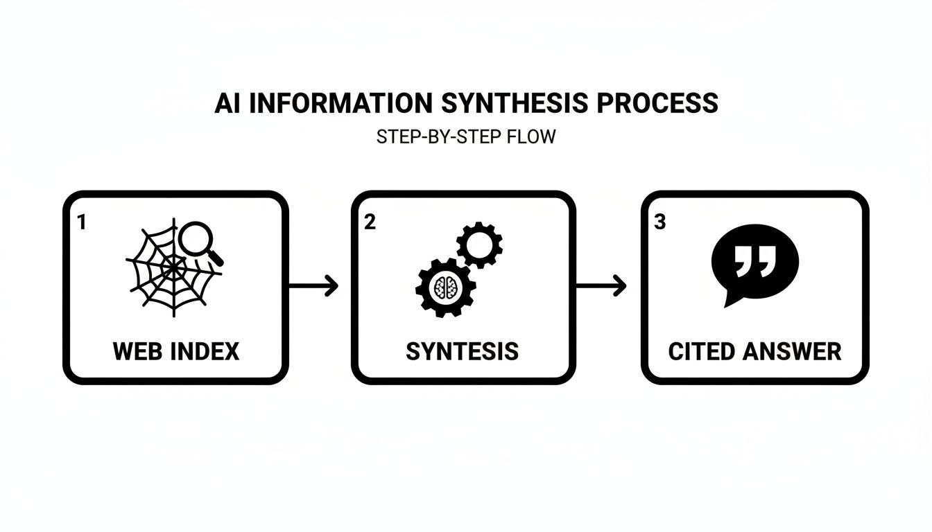 A three-step flowchart illustrates the AI information synthesis process: Web Index, Synthesis, and Cited Answer.