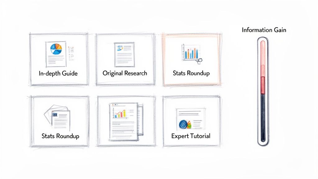 Various document types like in-depth guides, research, and tutorials, categorized with an information gain meter.