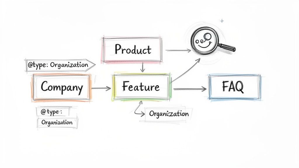 A conceptual diagram illustrating the relationships between Company, Product, Feature, FAQ, and search functionality.